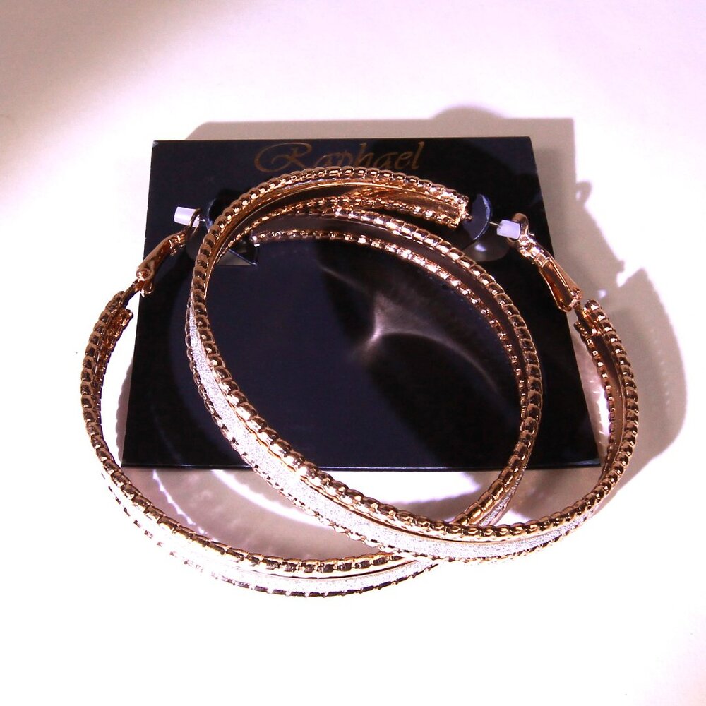 NWT Large Gold Tone Hoop Earrings with Sparkling Silver Center